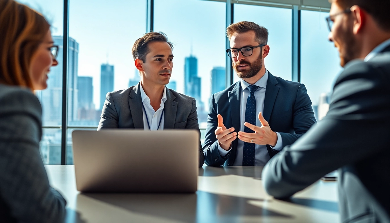 Headhunter in discussion at a modern office with city view.