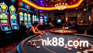 Players enjoying a thrilling poker game at nk88.com with vibrant casino ambiance and engaging atmosphere.
