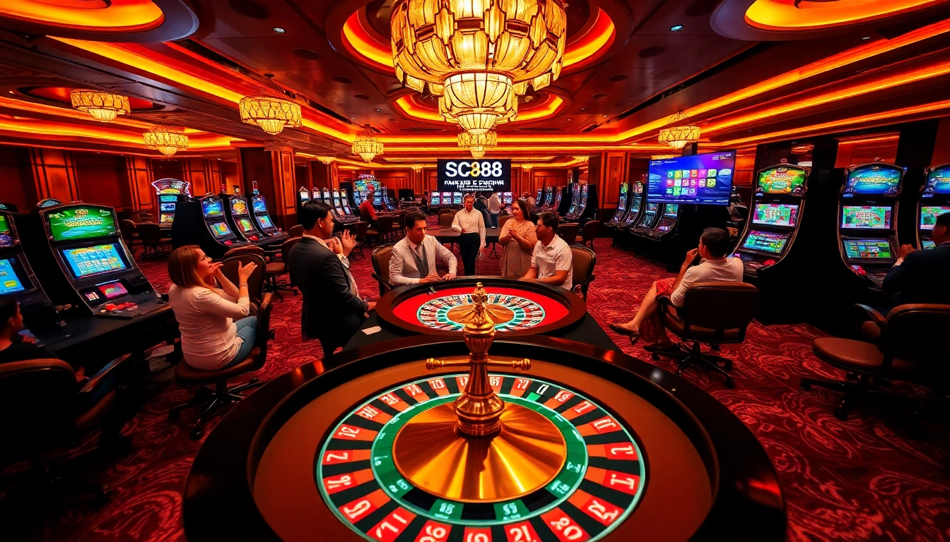 Engage with the SC88 App at a vibrant casino, featuring roulette and exciting gaming elements.