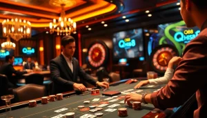 Experience the thrill of QH88 at a luxurious casino with professional dealers and vibrant gaming tables.