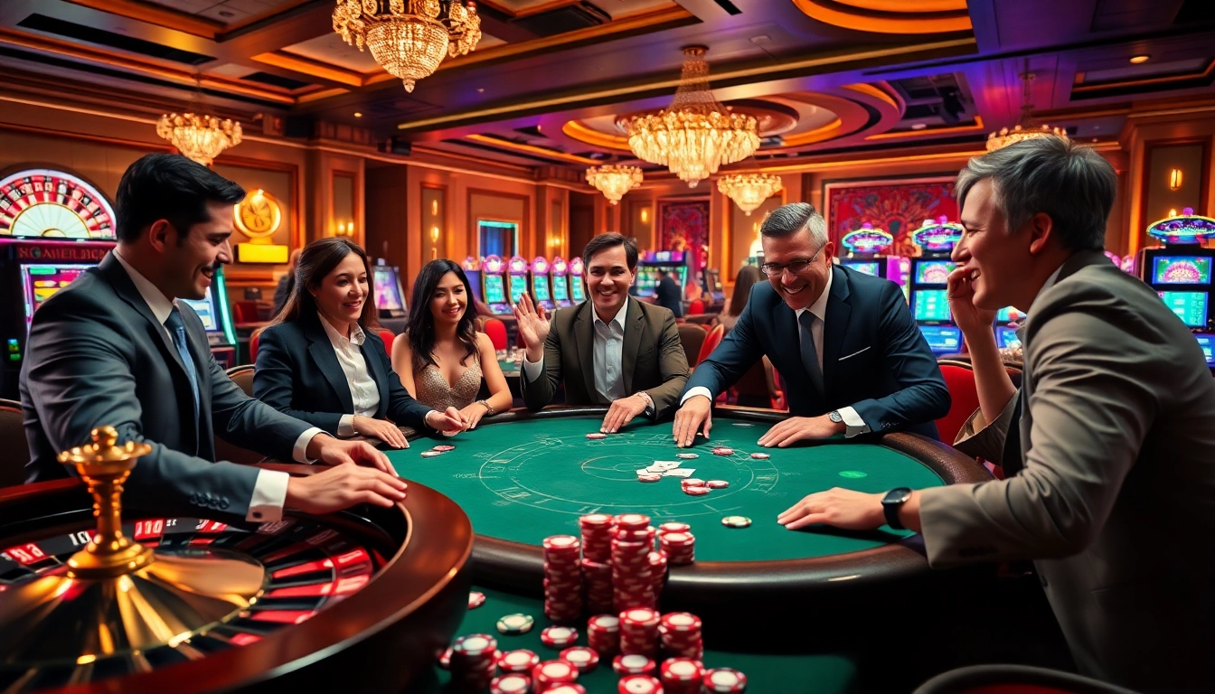 MMOO players celebrating a win at an elegant live poker table in a vibrant casino atmosphere.