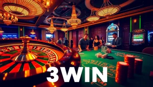 Players enjoy a thrilling poker game at the 3WIN casino, surrounded by vibrant lighting and luxury.