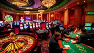 Exciting casino action at https://m88zo.com/ featuring players enjoying roulette and blackjack in a luxurious setting.