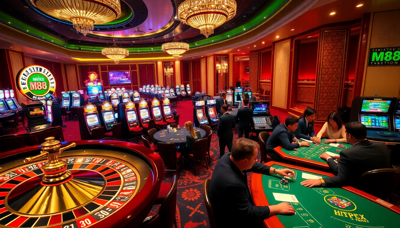 Exciting casino action at https://m88zo.com/ featuring players enjoying roulette and blackjack in a luxurious setting.