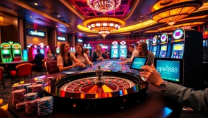 Engaging players at a stylish casino featuring open888 gaming options and vibrant roulette action.