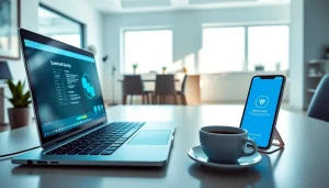 展示在强调速度与安全性的现代工作空间中的快连官网应用界面。