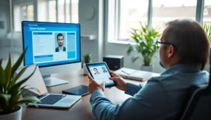 Effizienter Führerscheinkontrollprozess in einer modernen Büroeinrichtung mit digitaler Verifikationstechnologie.