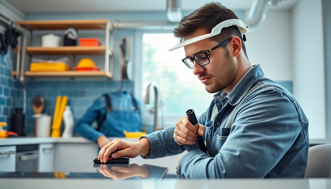 Plumber repairing pipes in a modern kitchen, showcasing expertise and precision in task.