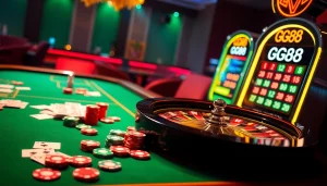 Experience the excitement of GG88 at a luxurious casino table adorned with colorful poker chips.