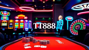 Engaging scene at a TT88 casino featuring poker chips, playing cards, and vibrant slots.