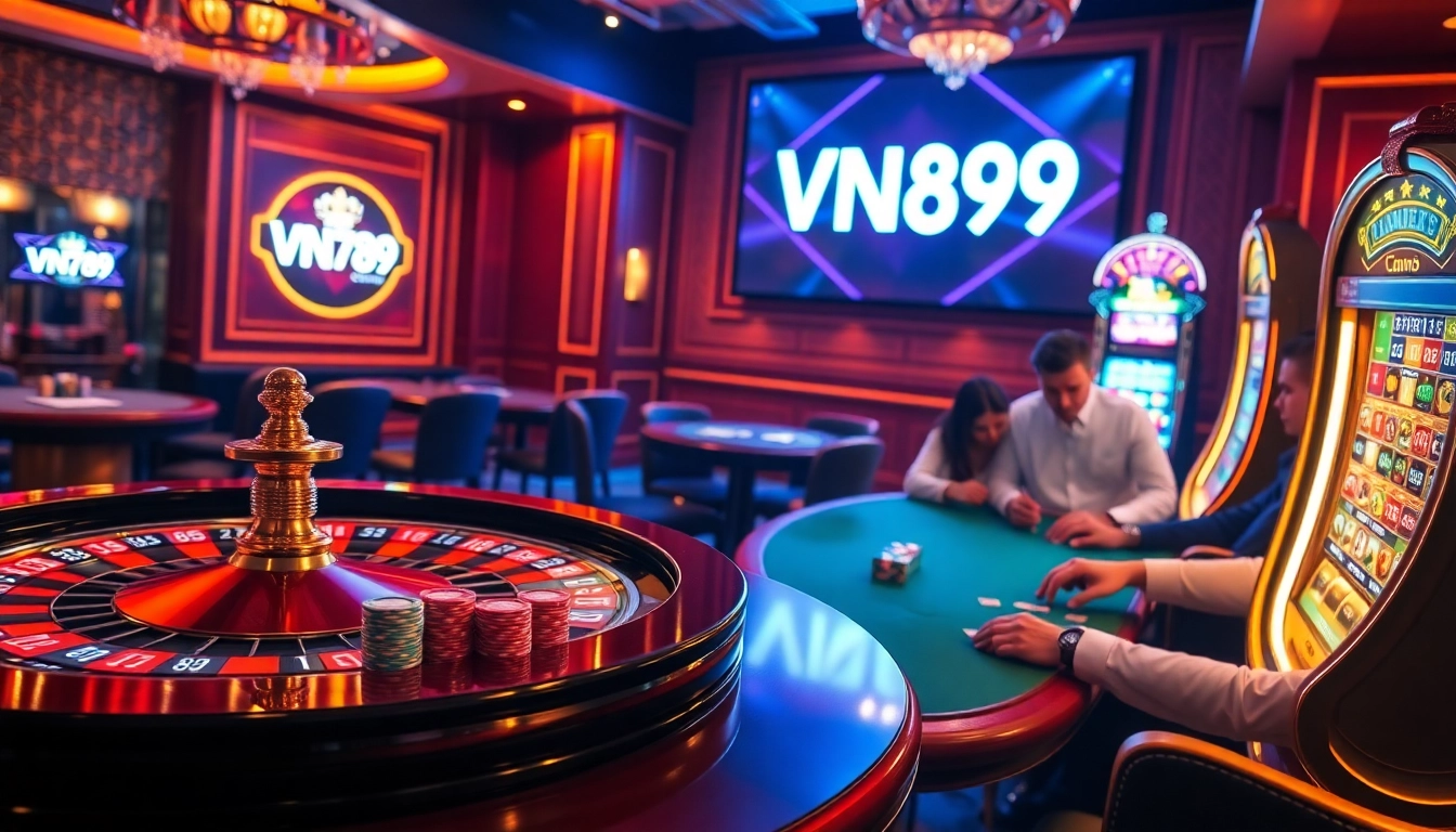 Experience the thrill of gambling with VN789 at a luxurious casino featuring a roulette table.
