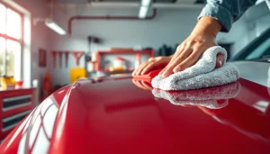 Fahrzeugaufbereitung mit einem glänzenden Auto, das professionell gereinigt wird.