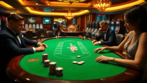 NHATVIP players enjoying an upscale poker game with colorful chips in a luxury casino setting.