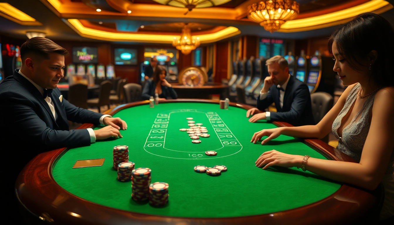 NHATVIP players enjoying an upscale poker game with colorful chips in a luxury casino setting.