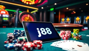 Engaging with the j88 app amidst a bustling casino atmosphere of cards and chips.