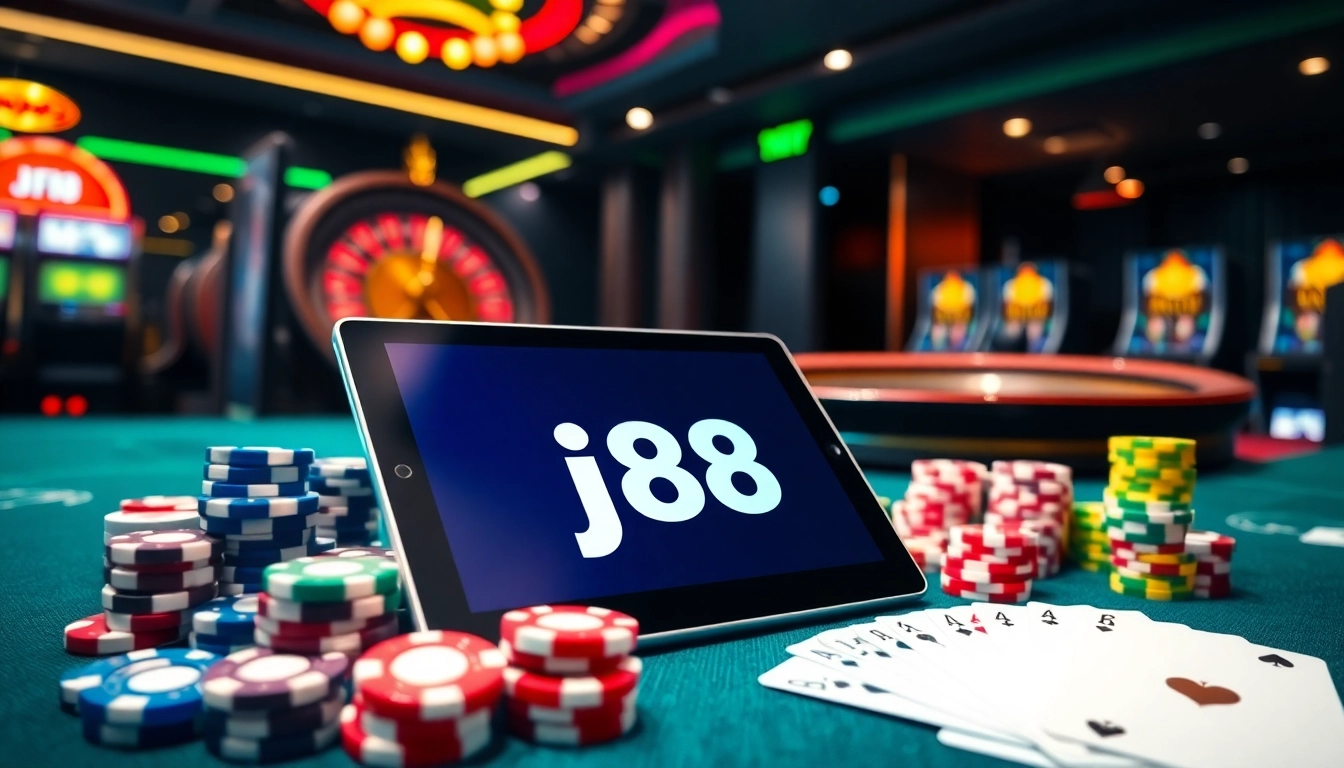 Engaging with the j88 app amidst a bustling casino atmosphere of cards and chips.