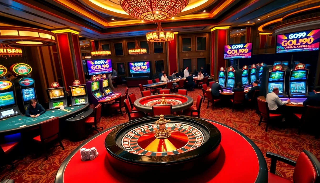 Engaging scene at GO99 casino with vibrant tables and slot machines for online gaming.