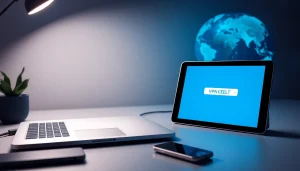 快连官网，展示在专业工作环境中连接到安全 VPN 网络的现代设备。