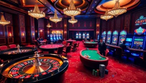 Players enjoying thrilling games at RR99 casino with vibrant tables, poker chips, and roulette wheel.