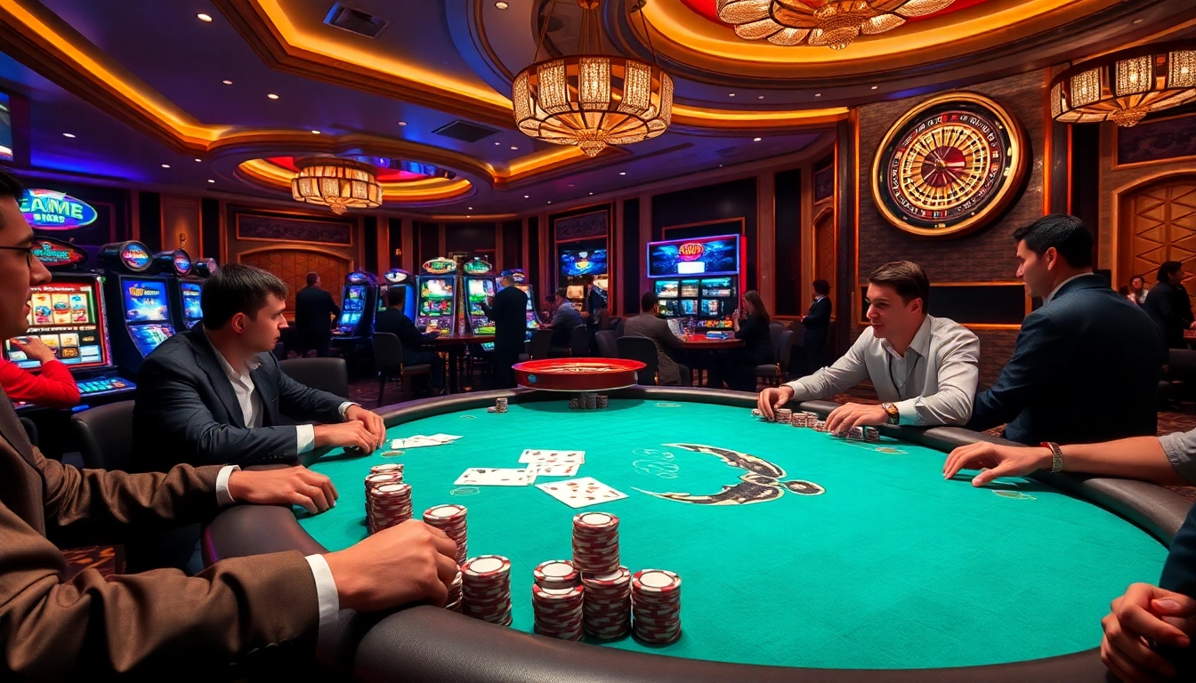 Excited gamblers strategizing with CM88-themed poker chips at a luxurious casino.