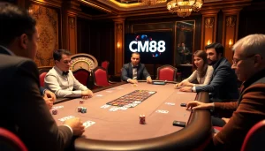 Experience the thrill of CM88 gambling with a luxurious poker scene, vibrant chips, and intense players.