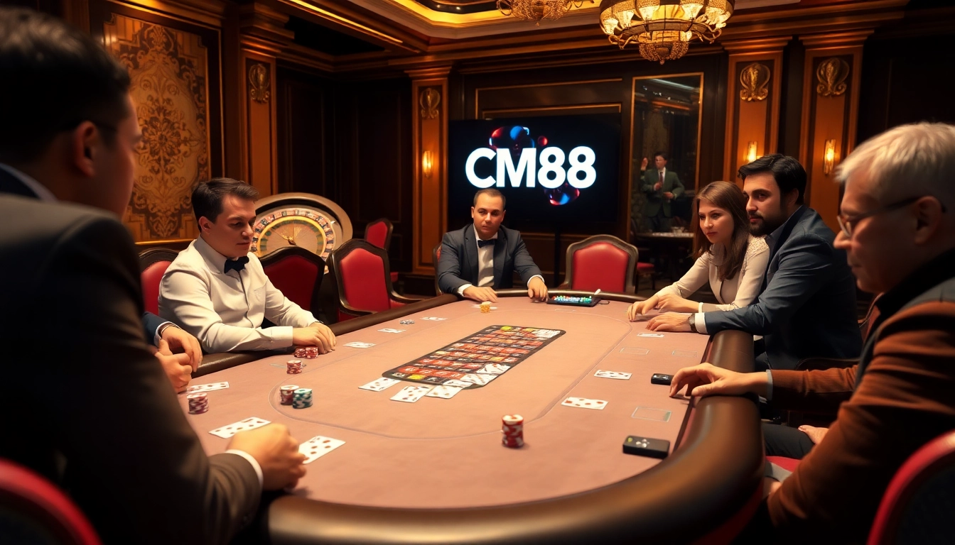 Experience the thrill of CM88 gambling with a luxurious poker scene, vibrant chips, and intense players.