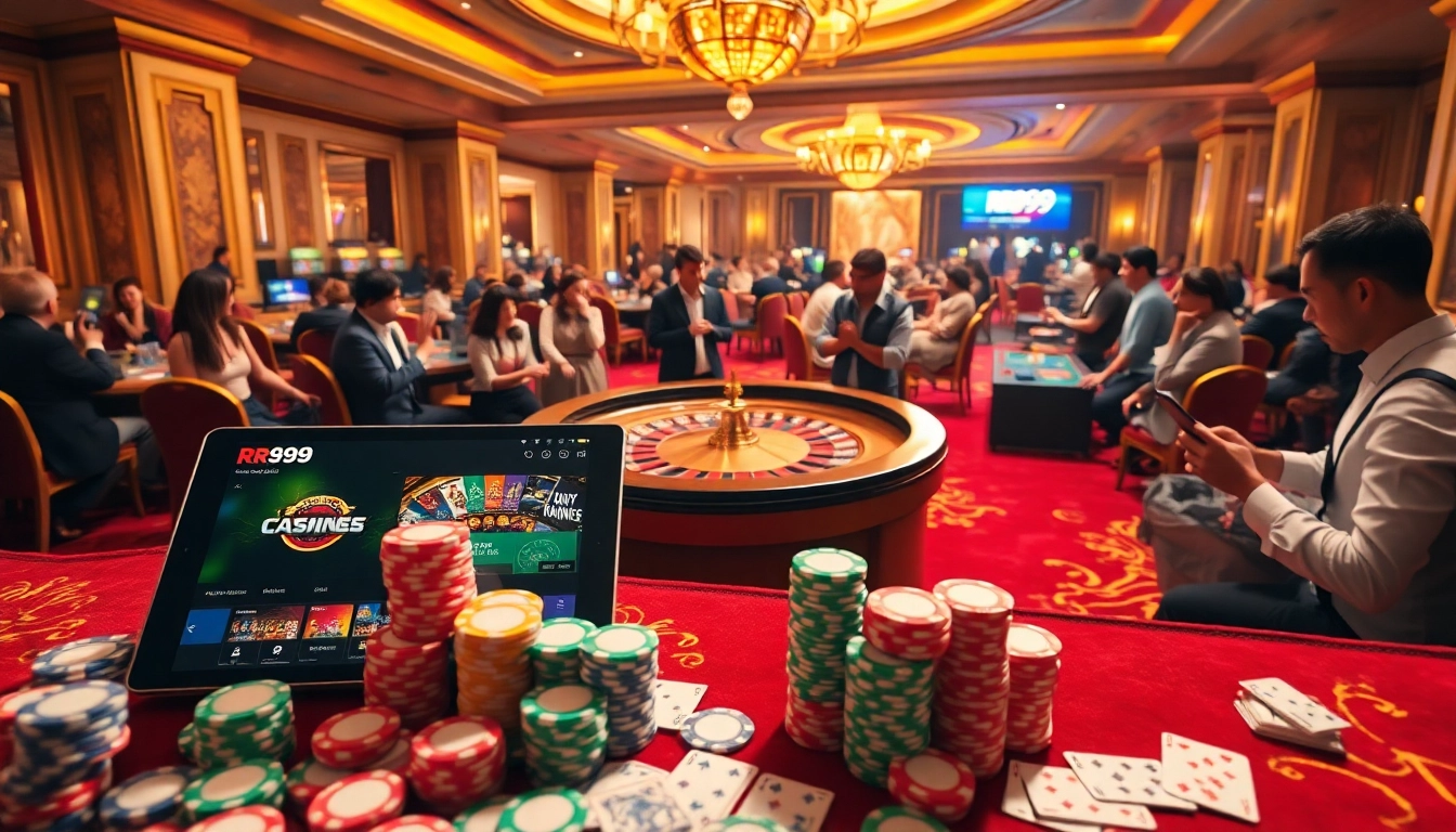 Experience the thrill of gambling with RR99's vibrant casino atmosphere featuring poker chips and roulette action.