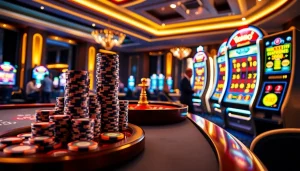 Nohu90 offers an engaging online casino atmosphere with vibrant poker chips and a gleaming roulette wheel.