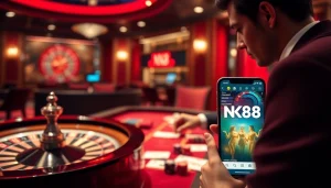 NK88 players enjoying online gambling with a luxury casino ambiance, featuring roulette and poker elements.