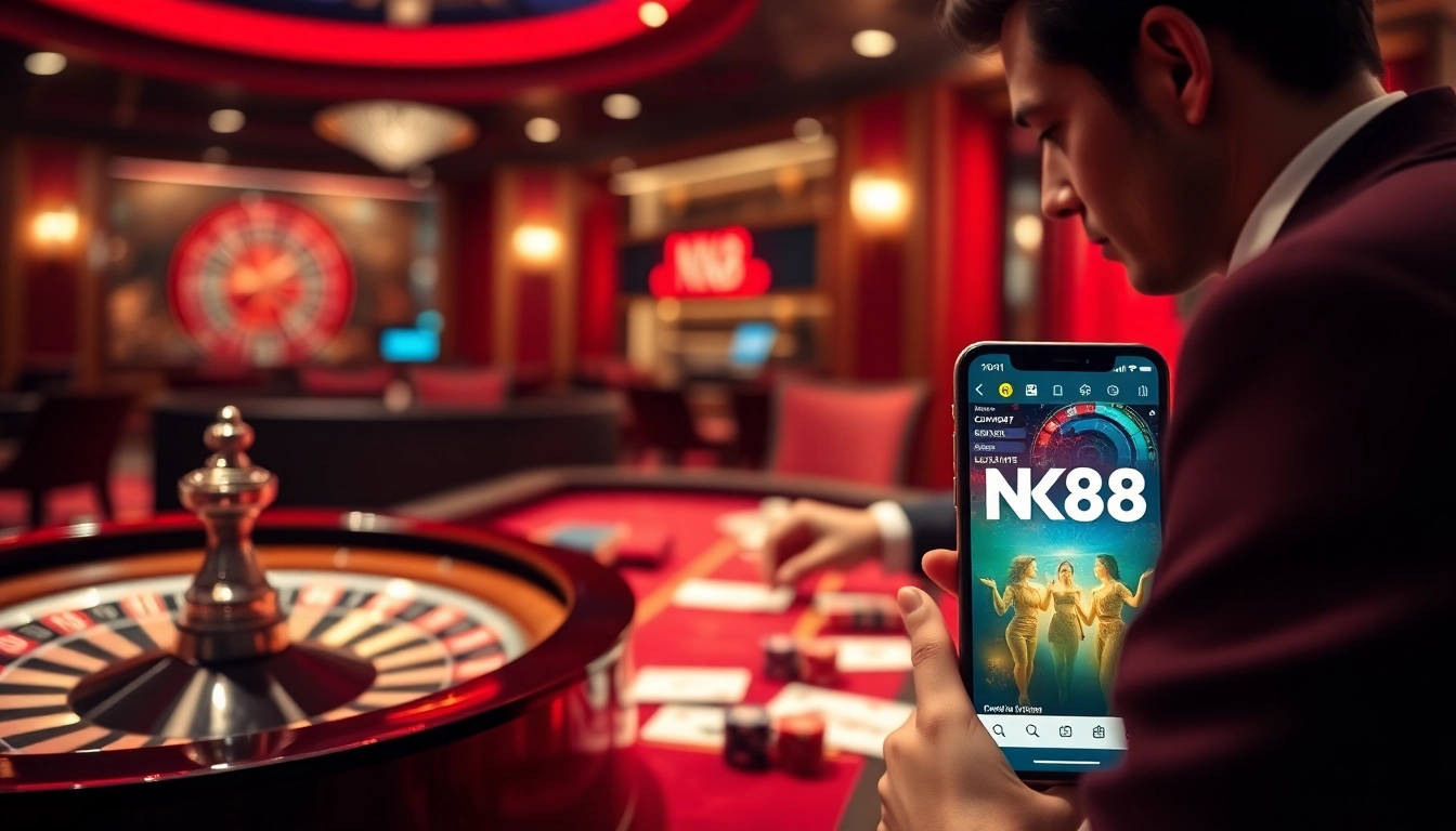 NK88 players enjoying online gambling with a luxury casino ambiance, featuring roulette and poker elements.