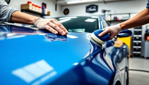 Fahrzeugaufbereitung durch einen Expertentechniker in einer hellen Werkstatt.