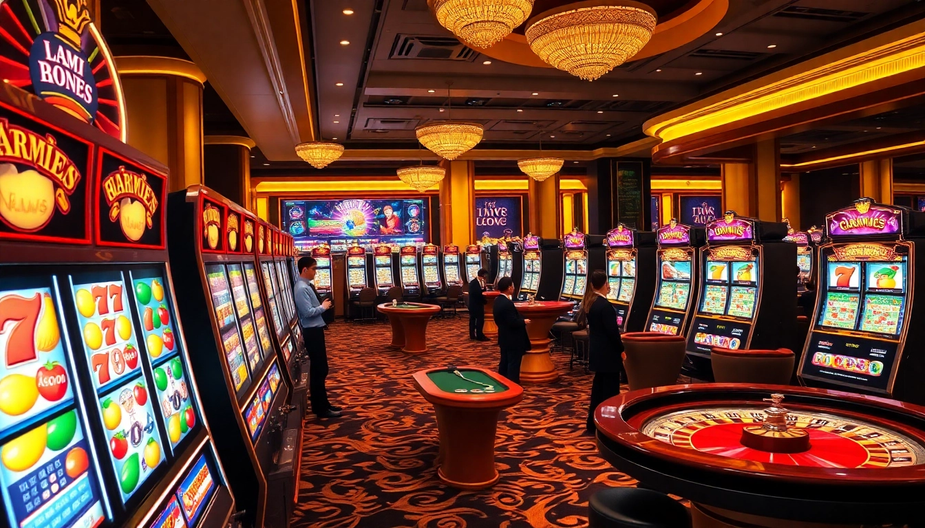 Engaging casino players enjoying nổ hũ slot games, celebrating jackpots at vibrant machines.