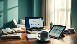 An innovative digital workspace featuring 有道 translation software on a sleek laptop, symbolizing modern education and language learning.