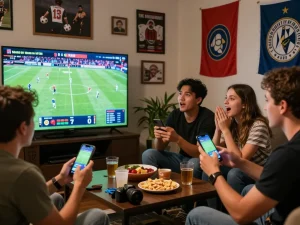 Energetic friends betting on kèo nhà cái during a football match, surrounded by snacks and sports paraphernalia.