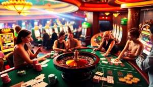 C168 game excitement with vibrant casino scene featuring poker tables, roulette wheel, and slot machines.