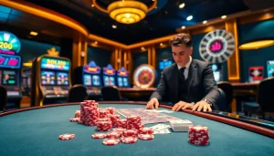 DOLA88 vibrant casino atmosphere with professional gaming tables and colorful slot machines for an exciting online betting experience.
