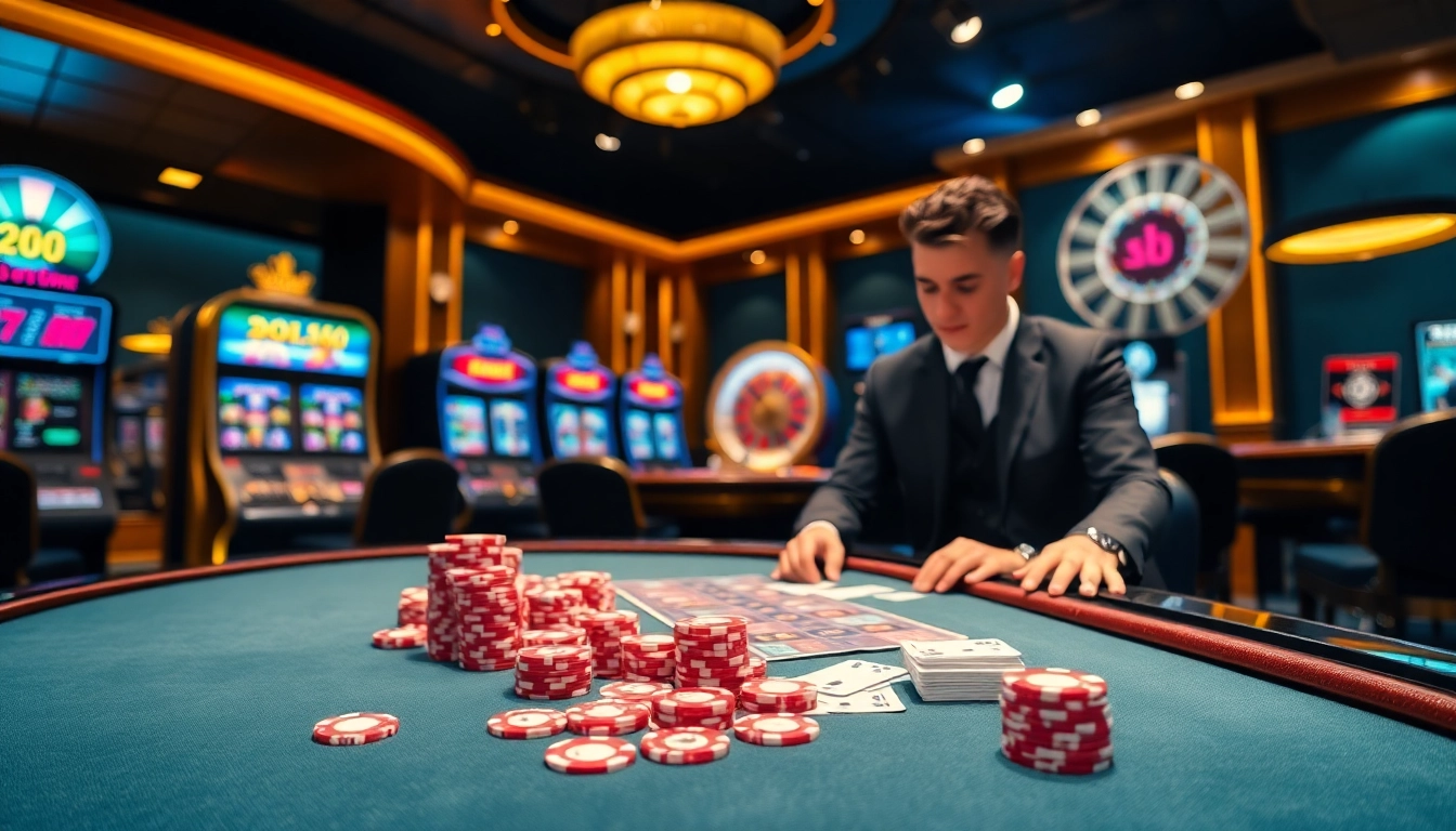 DOLA88 vibrant casino atmosphere with professional gaming tables and colorful slot machines for an exciting online betting experience.
