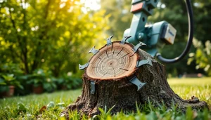 Der Baumfräser schneidet effizient durch einen Baumstumpf in einem üppigen Garten und zeigt Präzision und qualitativ hochwertige Handwerkskunst.