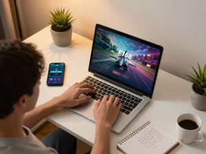 Engaging in online gaming by logging into F168 from a cozy home office setup.