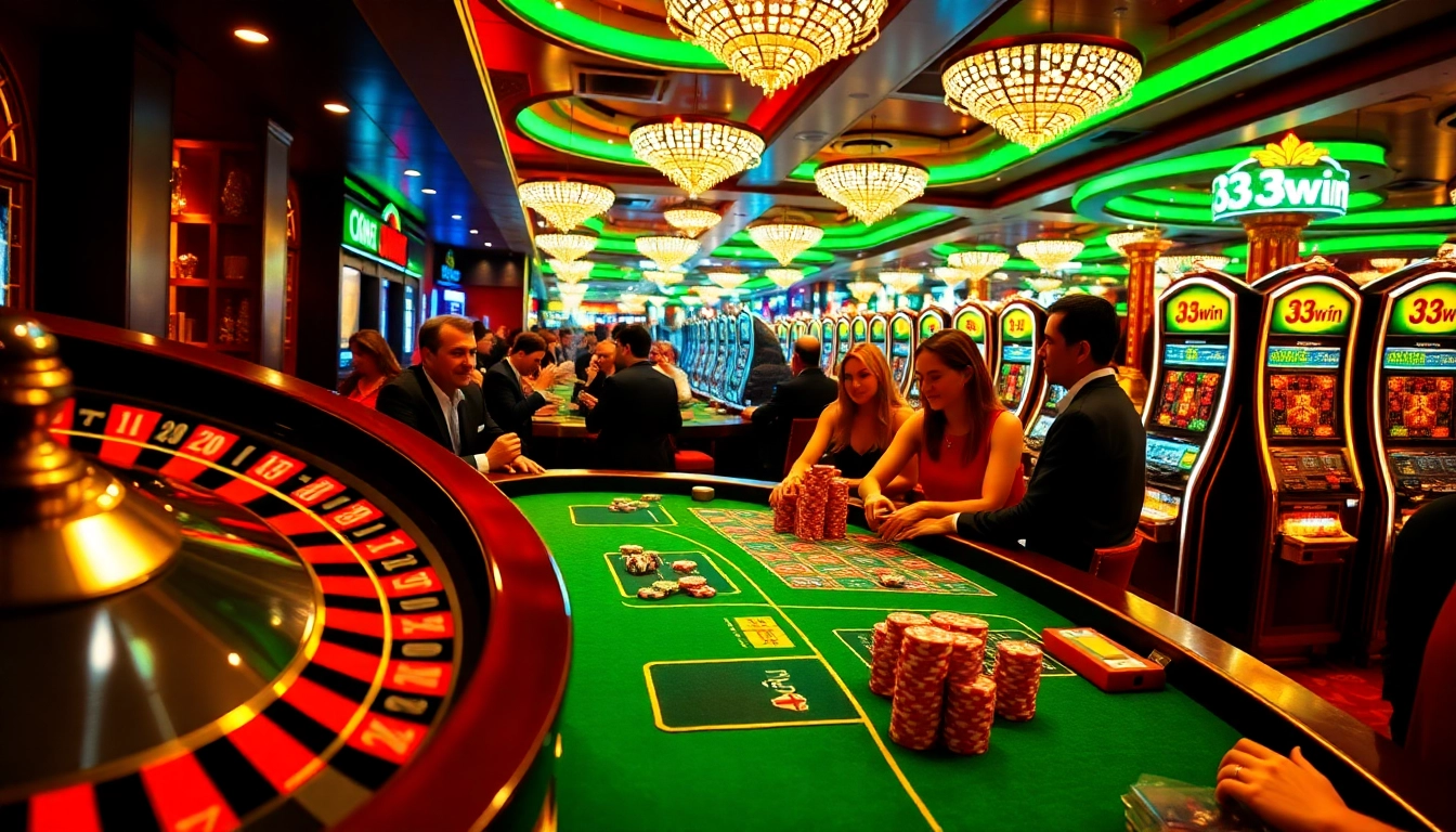 Players enjoying a thrilling game at the luxurious 33win casino, with vibrant tables and chips.