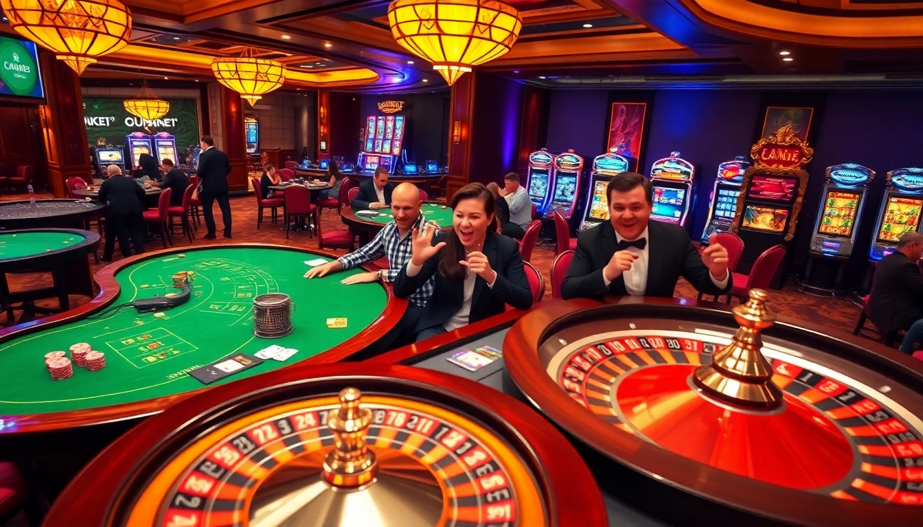 Exciting casino scene showcasing gamers engaging with XX88 COM slot machines and poker tables.