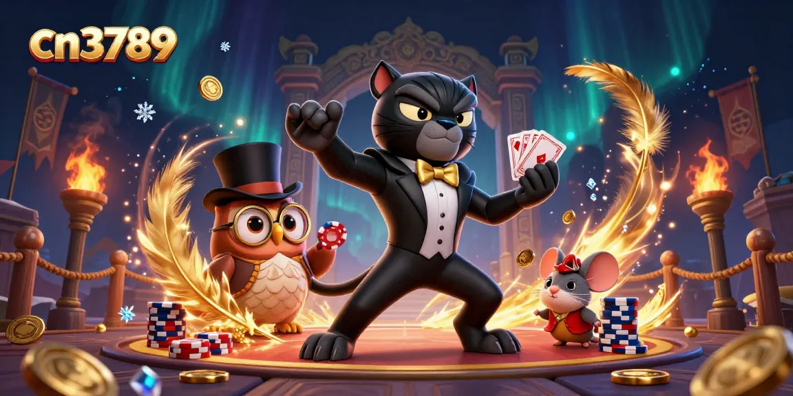 Engage in thrilling card games at cn3789, featuring a stylish panther dealer beside an owl and a lucky mouse.