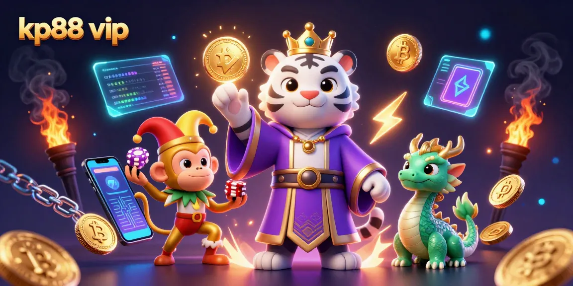 Join the fun at kp88 vip with a lively tiger, monkey, and dragon in a vibrant casino scene juggling winning moments.