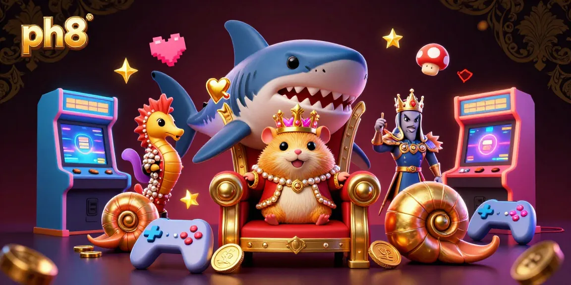 Experience the excitement at ph8 with a golden hamster king, arcade game machines, and colorful casino elements.