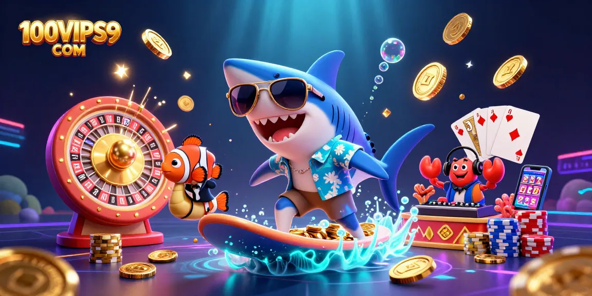 Experience fun and excitement at 100VIPS9 COM with a lively illustration featuring a surfing shark amidst cascading gold coins and sparkling gems.