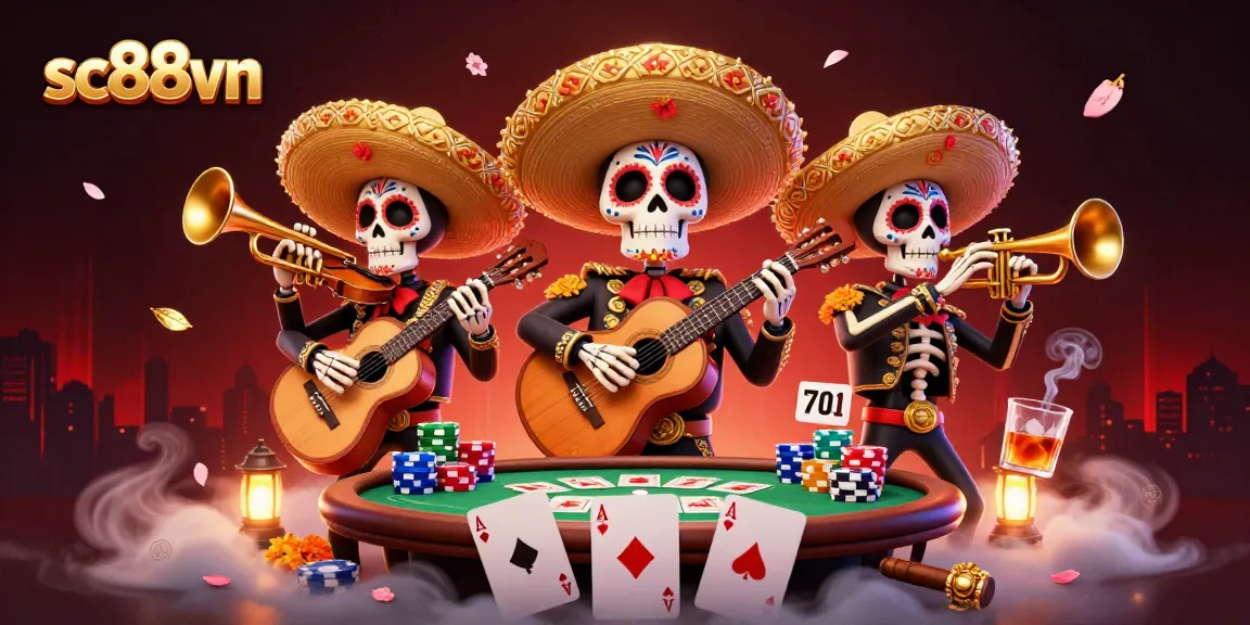 Play exciting casino games at sc88vn with a vibrant mariachi band showcasing poker and colorful elements.