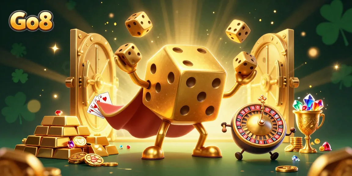 Experience thrilling wins at Go8 with a dynamic golden dice golem juggling riches and a roulette companion.