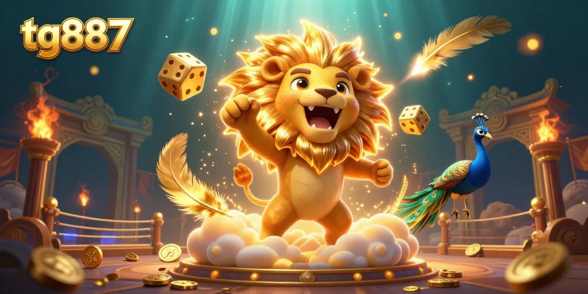 Tg887 casino features a triumphant sun lion, golden dice, and a peacock amidst a dynamic gaming scene.