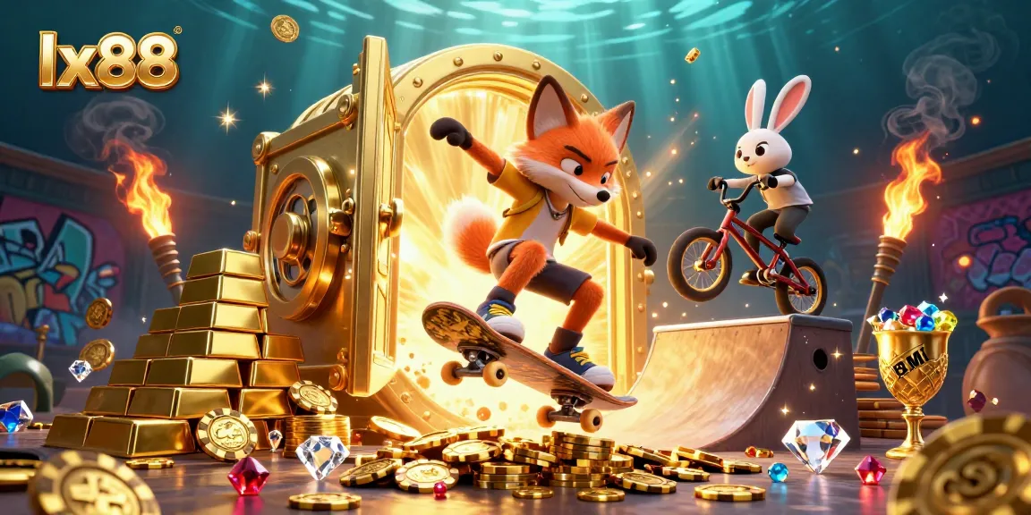 Experience the thrill of winning at lx88 with a vibrant casino scene showcasing playful characters and treasure.