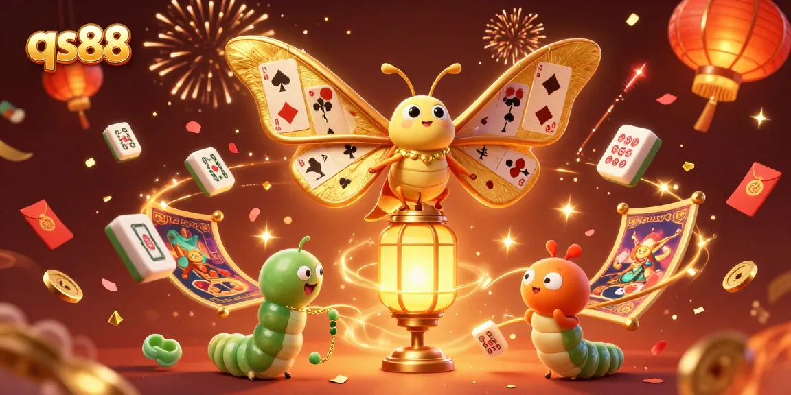 Experience the excitement of qs88 with a 3D illustration of a vibrant casino scene featuring a moth and golden elements.